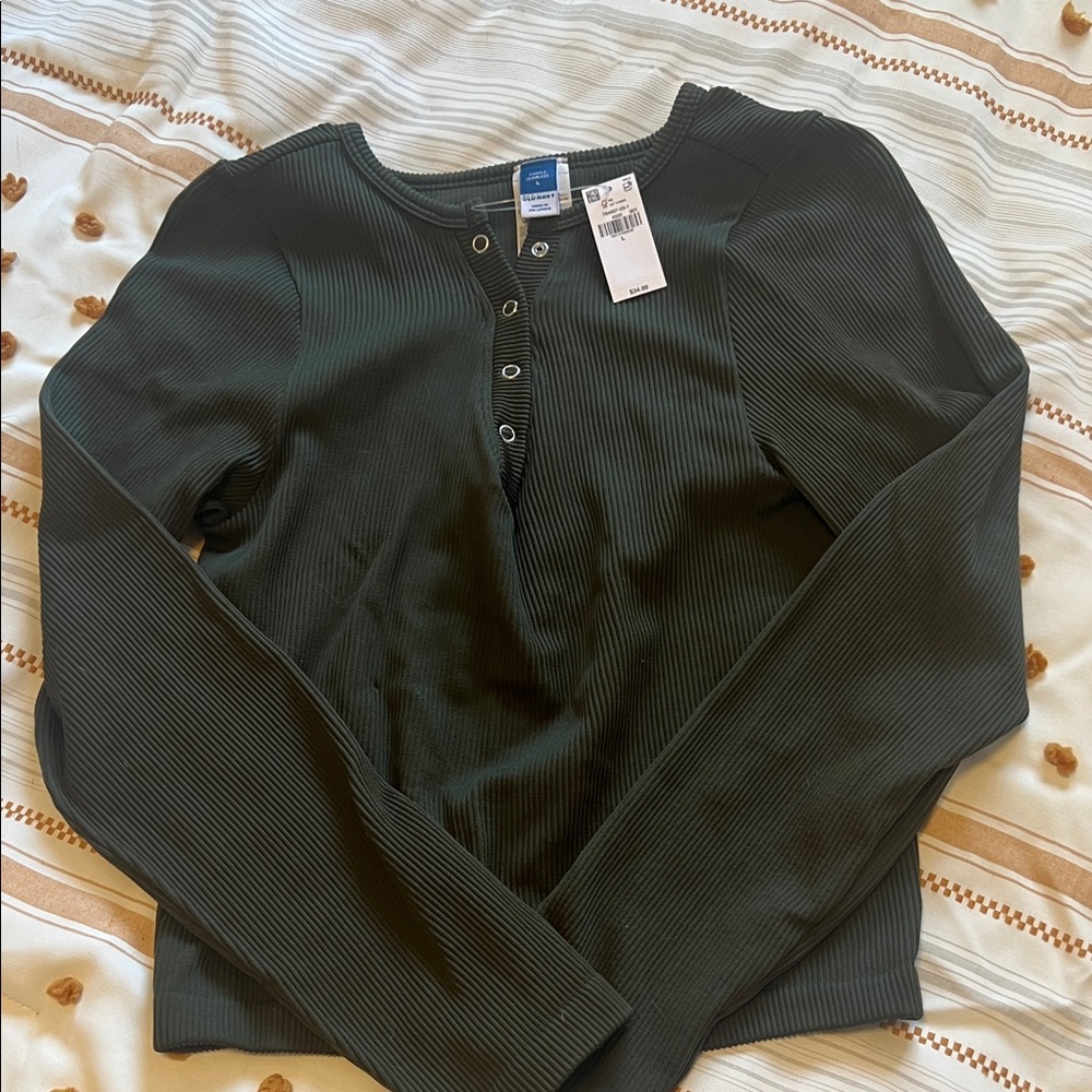 Old Navy Forest Green Ribbed Button-Up Top